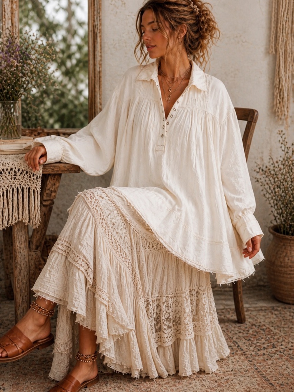 Free People We the Free Billowy cotton Tunic Top Creamy White Large - Picture 2 of 12